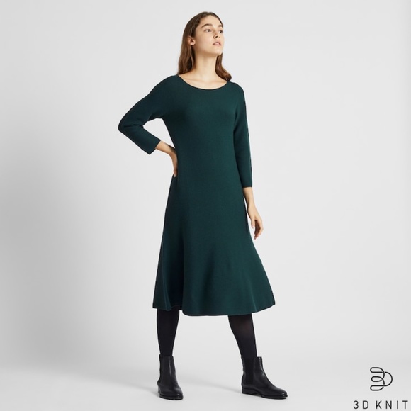 NWT Uniqlo WOMEN 3D EXTRA FINE MERINO FLARE BROWN DRESS XS - Picture 2 of 8